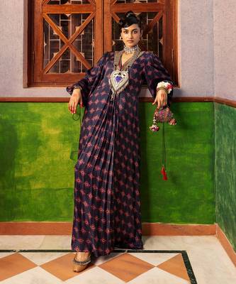 Blue printed & embroidered kaftan 5