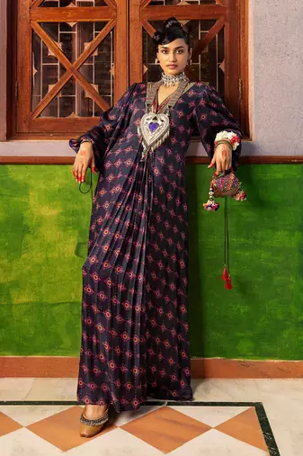 Blue printed & embroidered kaftan