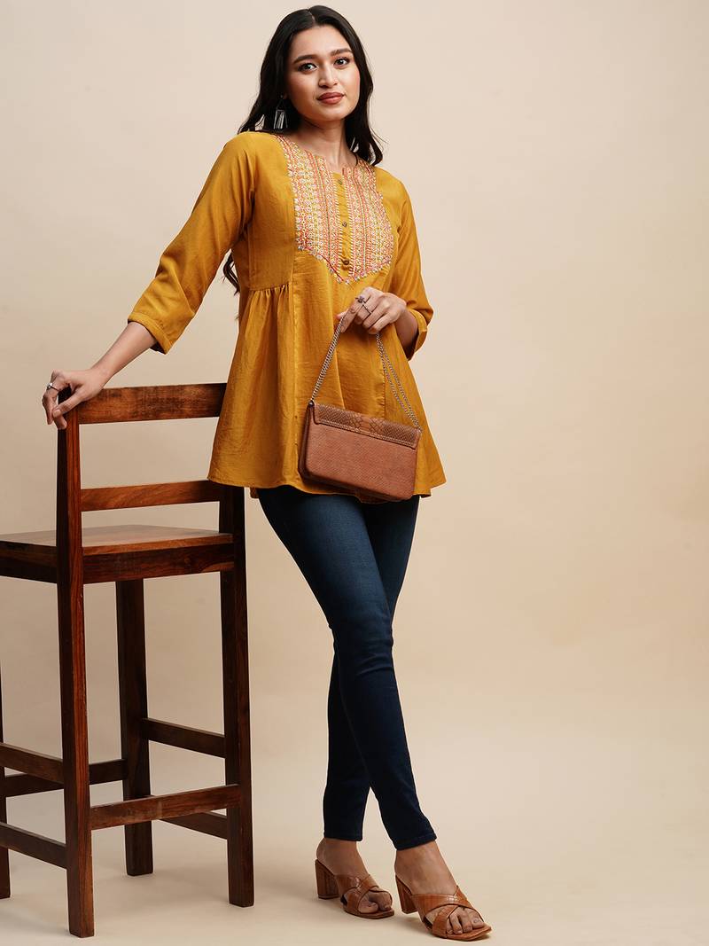 Mustard Chinon Embroidered Top