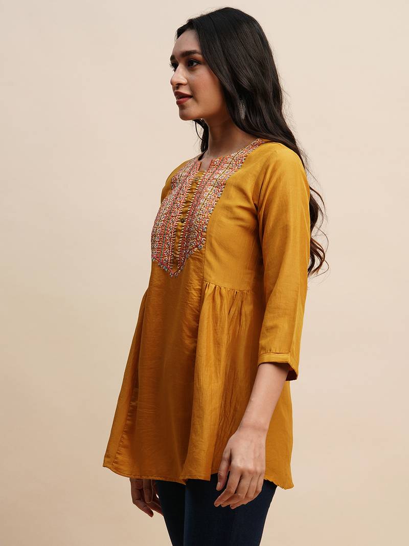 Mustard Chinon Embroidered Top