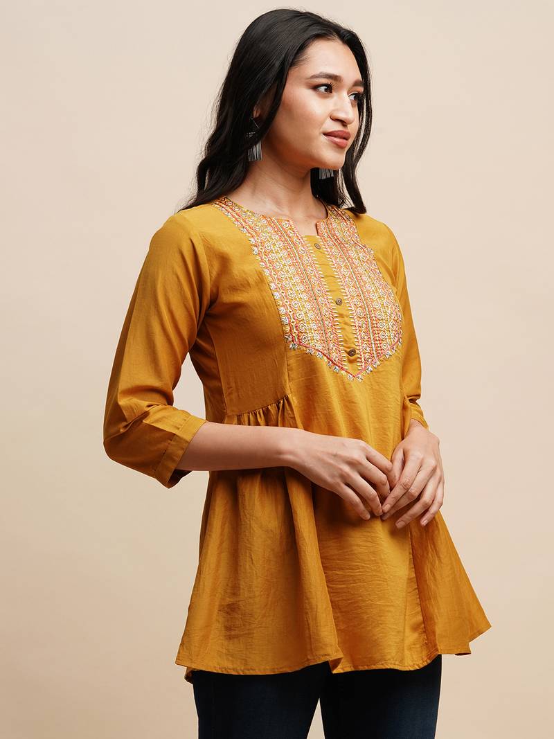 Mustard Chinon Embroidered Top