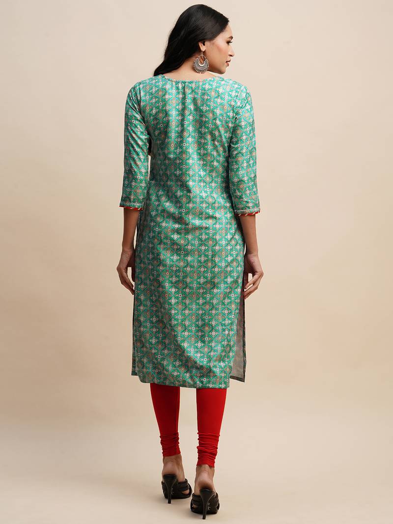 Sea Green Poly Chinon Digital Printed Straight Kurta
