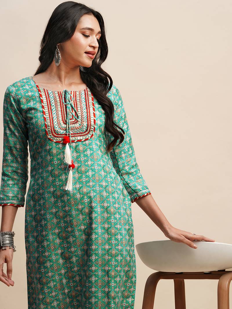 Sea Green Poly Chinon Digital Printed Straight Kurta