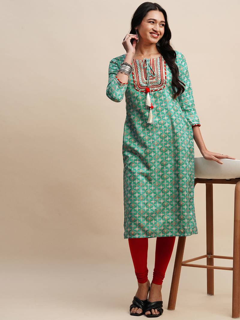 Sea Green Poly Chinon Digital Printed Straight Kurta