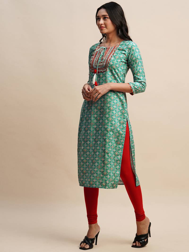 Sea Green Poly Chinon Digital Printed Straight Kurta