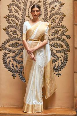 White Kalandi Beautiful Faux Kanjivaram Silk Saree With Zari Weaving For Women  1