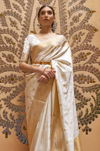 White Kalandi Beautiful Faux Kanjivaram Silk Saree With Zari Weaving For Women 