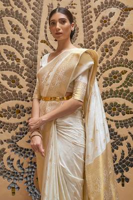 White Kalandi Beautiful Faux Kanjivaram Silk Saree With Zari Weaving For Women  4
