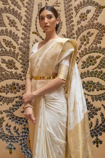 White Kalandi Beautiful Faux Kanjivaram Silk Saree With Zari Weaving For Women 