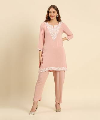 Pink crepe wrinkle short straight style kurta set 1