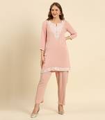 Pink crepe wrinkle short straight style kurta set