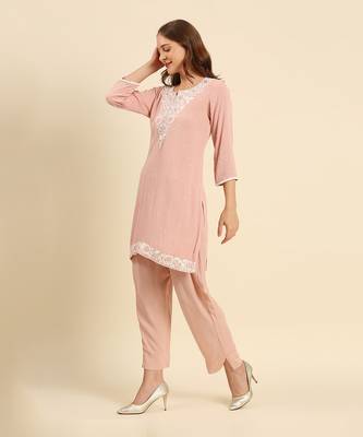 Pink crepe wrinkle short straight style kurta set 2