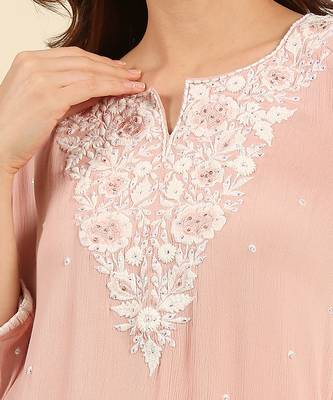Pink crepe wrinkle short straight style kurta set 4