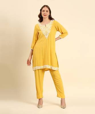 Yellow crepe wrinkle short straight style kurta set 1