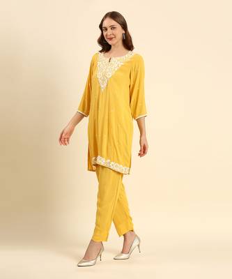 Yellow crepe wrinkle short straight style kurta set 2