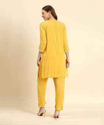 Yellow crepe wrinkle short straight style kurta set 3