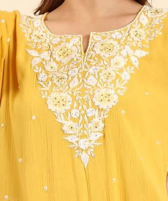 Yellow crepe wrinkle short straight style kurta set 4