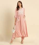 Pink crepe wrinkle long straight style kurta set