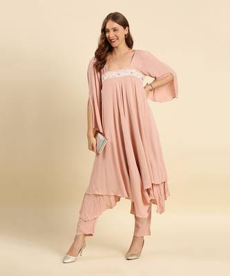 Pink crepe wrinkle kurta set 1