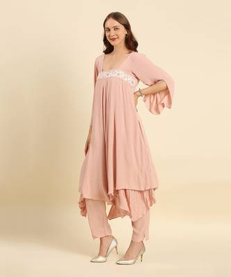 Pink crepe wrinkle kurta set 2