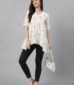 Janasya women's off white cotton botanical print asymmetric top