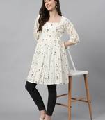 Janasya women's off white cotton botanical print flared tunic