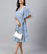 Janasya women's sky blue dobby georgette digital printed flared dress
