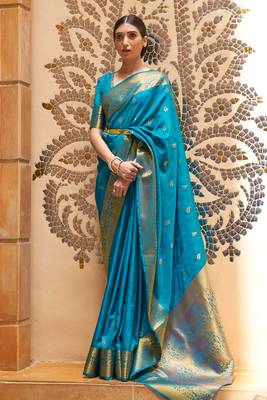 Sky Blue Kalandi Latest kanjivaram silk blend Saree With Blouse For Women 1