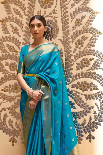 Sky Blue Kalandi Latest kanjivaram silk blend Saree With Blouse For Women