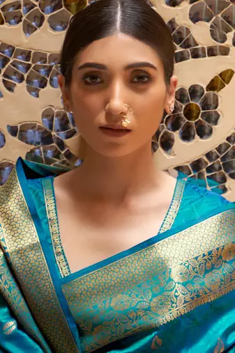 Sky Blue Kalandi Latest kanjivaram silk blend Saree With Blouse For Women