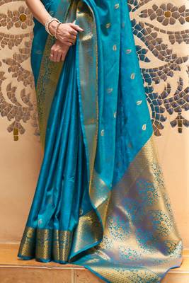 Sky Blue Kalandi Latest kanjivaram silk blend Saree With Blouse For Women 4