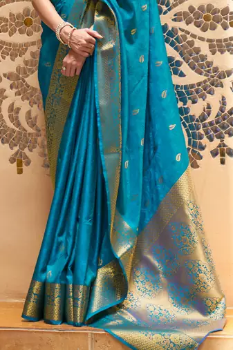 Sky Blue Kalandi Latest kanjivaram silk blend Saree With Blouse For Women