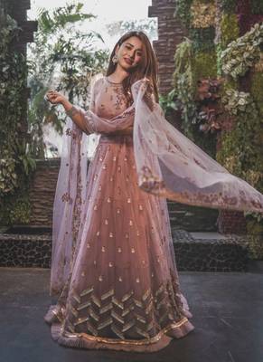 Rose Gold Coloured Sequinned  Embroidered Semi-Stitched Lehenga & Unstitched Blouse 11
