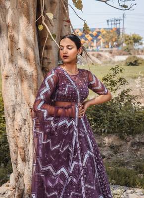 Burgundy Embroidered Net Semi-Stitched Lehenga & Unstitched Blouse With Dupatta 5