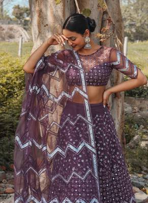 Burgundy Embroidered Net Semi-Stitched Lehenga & Unstitched Blouse With Dupatta 6