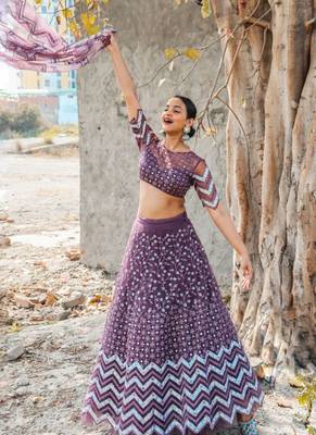 Burgundy Embroidered Net Semi-Stitched Lehenga & Unstitched Blouse With Dupatta 7