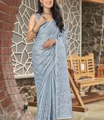 Grey Georgette Embroidery Pattern Saree With Blouse Piece