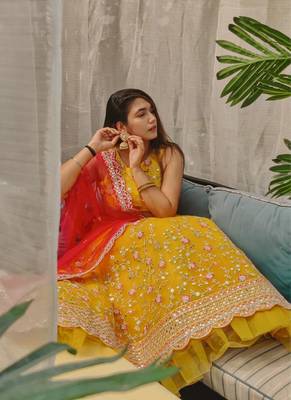 Mustard Colour Net With Miror Work Semi-Stitched Lehenga & Unstitched Blouse With Dupatta 5