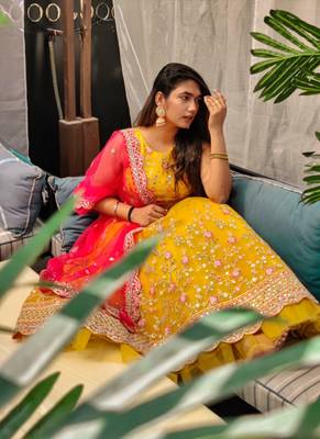 Mustard Colour Net With Miror Work Semi-Stitched Lehenga & Unstitched Blouse With Dupatta 6