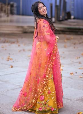 Yellow Colour Net With Sequins and Saroski Stone Work Semi-Stitched Lehenga & Unstitched Blouse With Dupatta 5