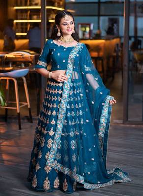 Teal Colour Net With Miror Work Semi-Stitched Lehenga & Unstitched Blouse With Dupatta 10