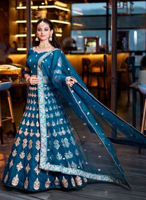 Teal Colour Net With Miror Work Semi-Stitched Lehenga & Unstitched Blouse With Dupatta 11