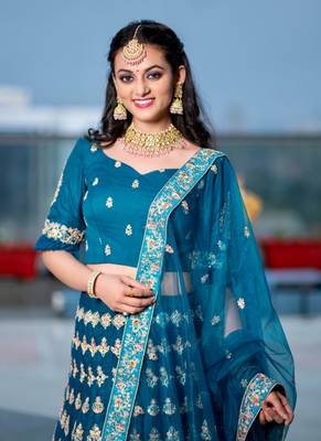 Teal Colour Net With Miror Work Semi-Stitched Lehenga & Unstitched Blouse With Dupatta 12