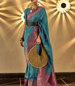 Ocean Blue Handloom Silk Jacquard Woven Saree With Blouse