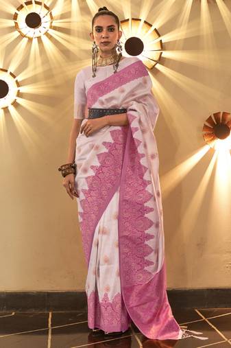 Off White Handloom Silk Jacquard Woven Saree With Blouse