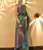 Teal Green Handloom Silk Jacquard Woven Saree With Blouse