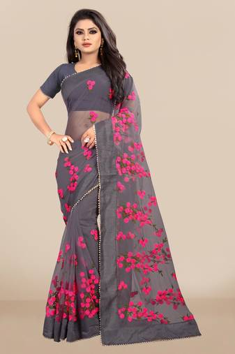 Grey Embroidered Soft Mono Net Saree With Blouse (Un-Stitched)
