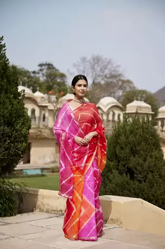 Multicolor Pure Kota Silk Hand Dyed Leheriya Saree