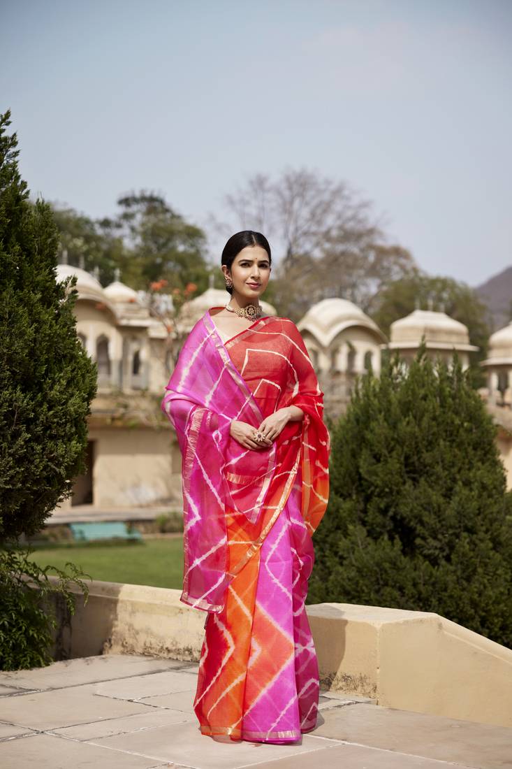 Multicolor Pure Kota Silk Hand Dyed Leheriya Saree
