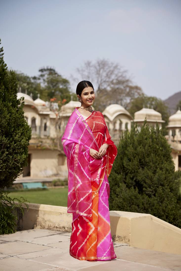 Multicolor Pure Kota Silk Hand Dyed Leheriya Saree